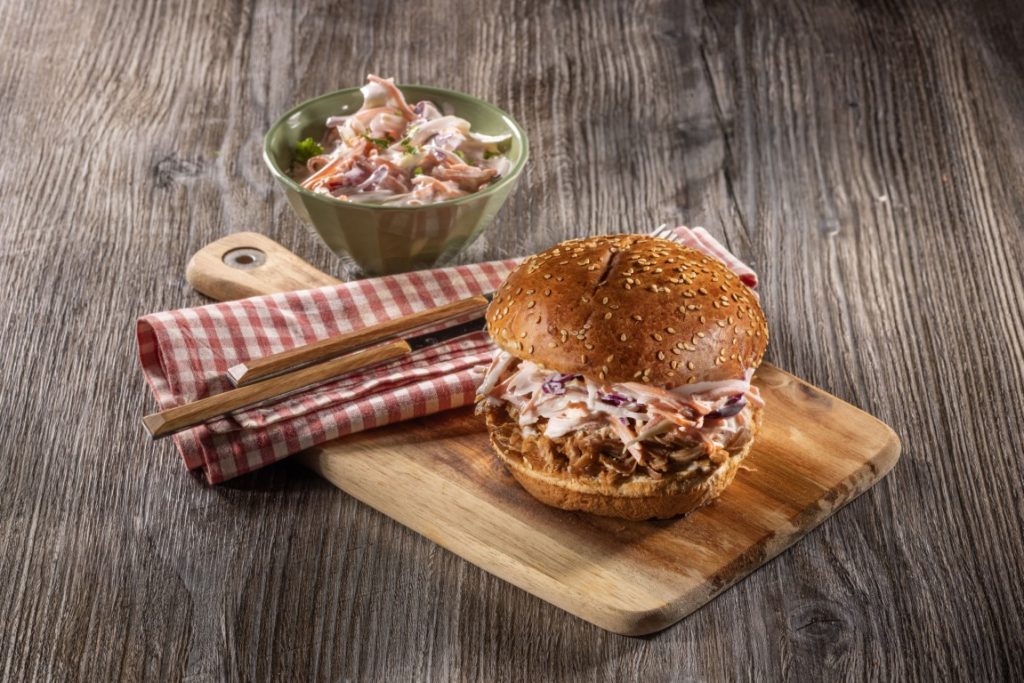 Pulled pork burger with coleslaw salad